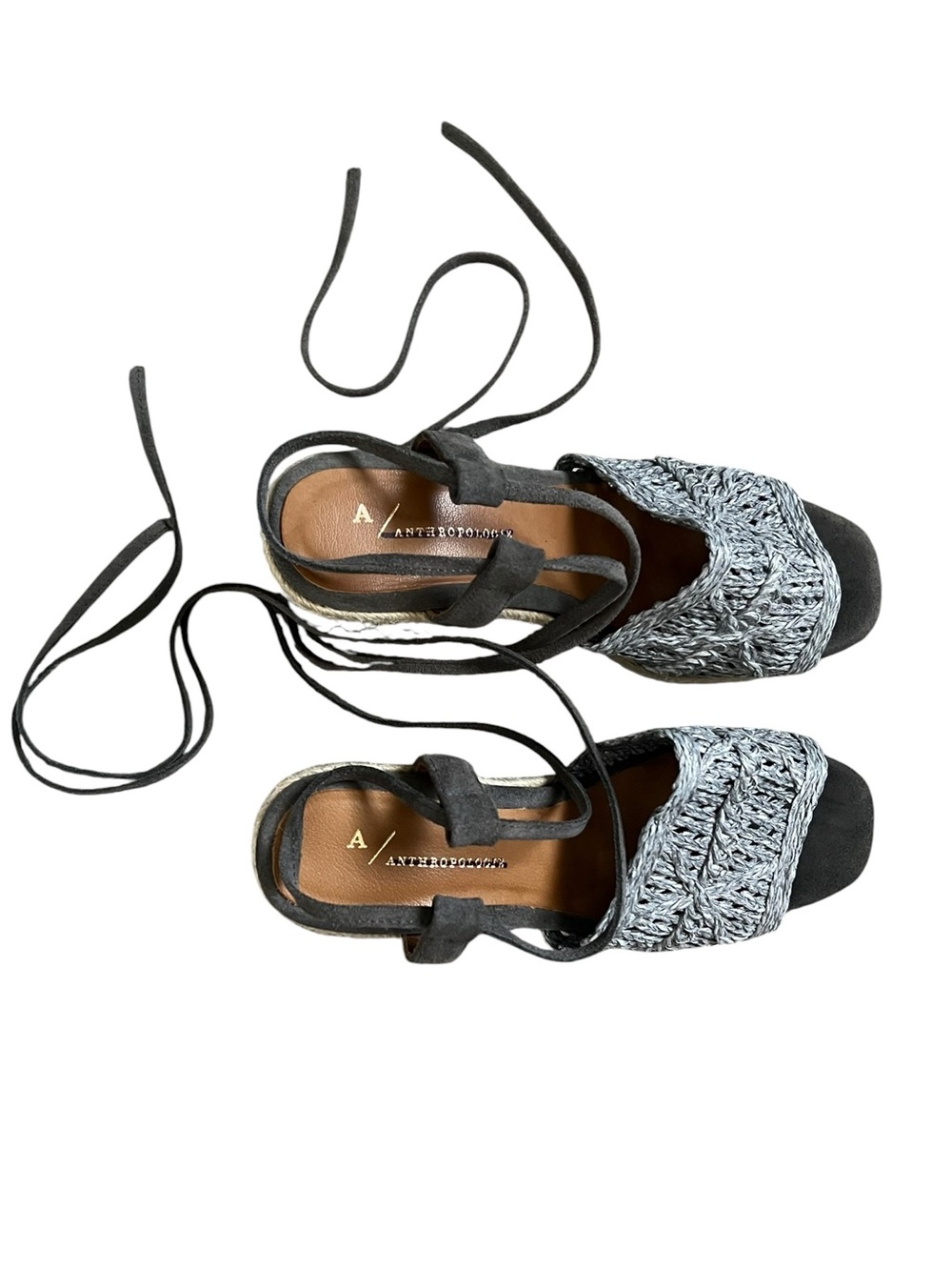 Anthropologie Women’s Blue Woven Lace Up Strappy Wedge Jute Sandals Heels 38 - Picture 3 of 10